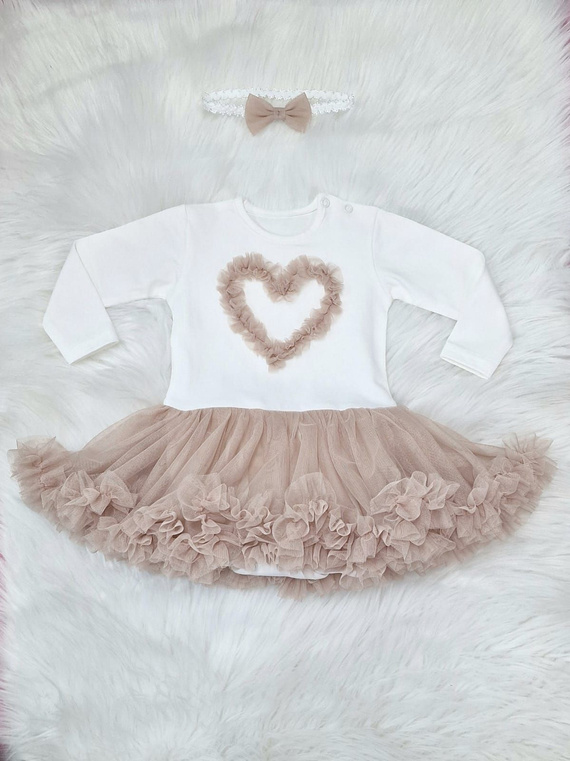 Mia body-sukienka długi rękaw Bambarillo – ecru i beż, bawełna z tiulem