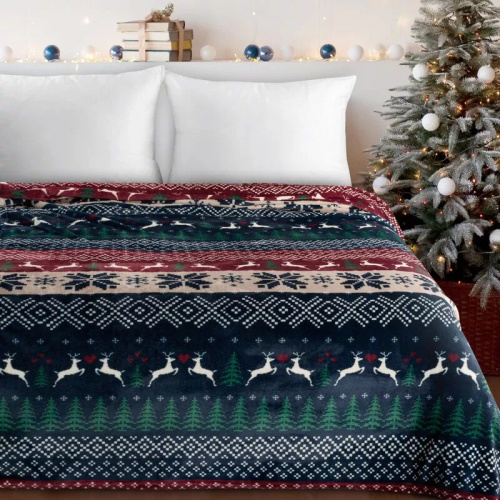 Koc świąteczny Eurofirany granatowy czerwony ze skandynawskim wzorem – miękka narzuta z mikrofibry, 240 g/m²