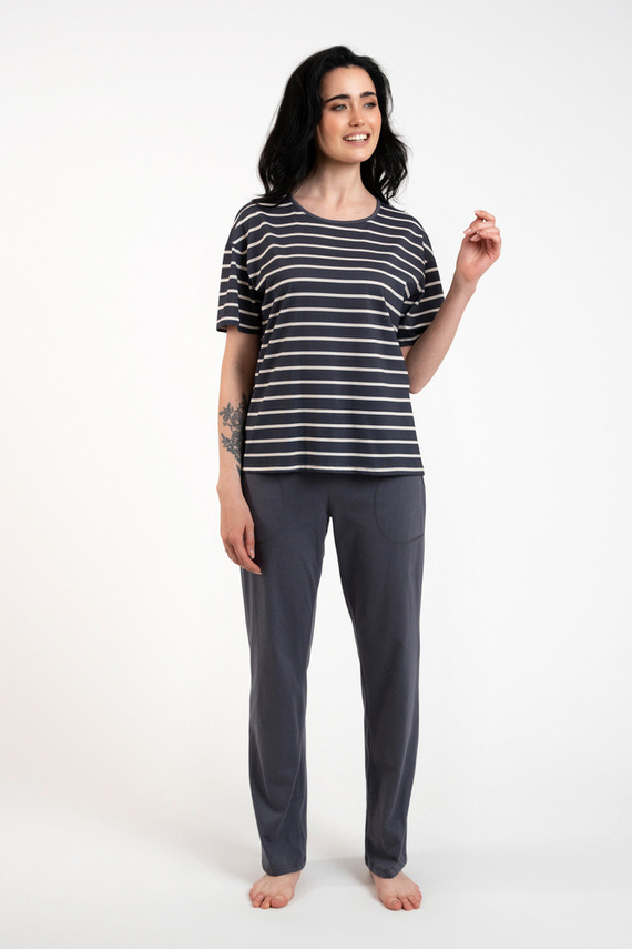 Betty Piżama Damska krótki rękaw, długie spodnie Italian Fashion - druk grafitowy/grafitowy