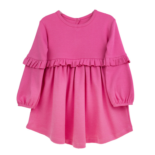 141972 Sukienka długi rękaw Nicol – różowa , bawełniana, z falbankami