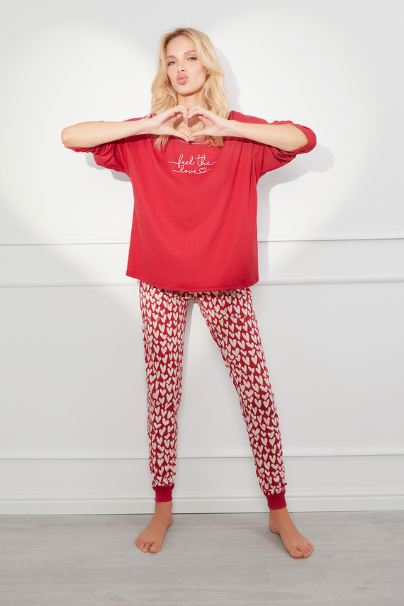 Evora Piżama Damska długi rękaw, długie spodnie Italian Fashion - czerwony/druk