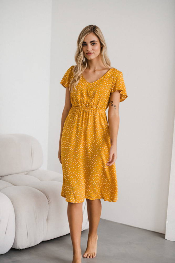 Lovely Dress Midi sukienka ciążowa i do karmienia krótki rękaw Milk&Love musztardowy w groszki