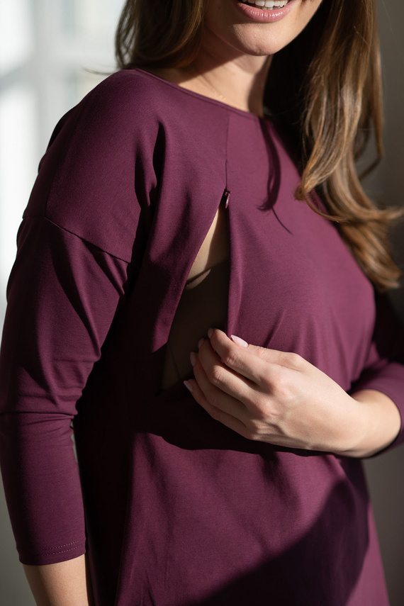 Mommy Tunika ciążowa i do karmienia Mauve Wine Milk&Love – bluzka oversize z krytymi zamkami, bawełna Oeko-Tex