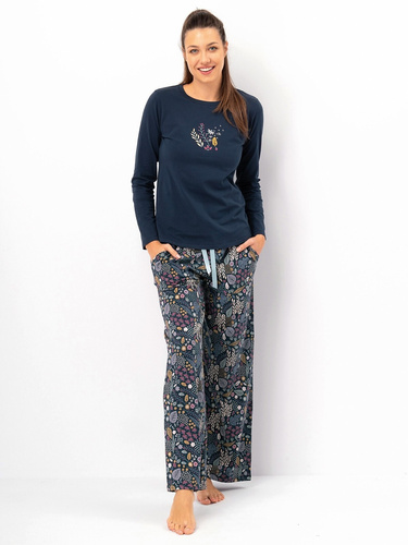 Piżama damska Key LNS 571 morski ciemny – bawełna, długi rękaw, elegancka