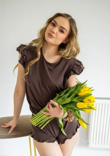 Komplet Lulu 2 Dkaren piżama damska bawełna falbanki komfort- czekoladowa