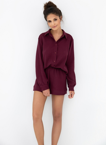 Piżama damska Ivory Sensis burgundowa– muślinowa bawełna, długi rękaw, zapinana na guziki