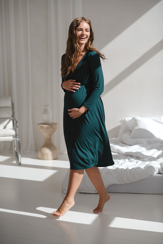 Star Light Koszula nocna ciążowa i do karmienia bambusowa 7/8 Milk&Love butelkowa zieleń– oddychająca, do szpitala, wygodne karmienie piersią