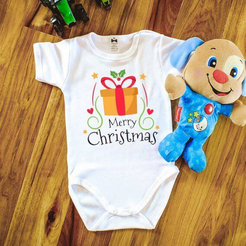 "Merry Christmas z prezentem BOŻE NARODZENIE" Body krótki rękaw Moocha biały 