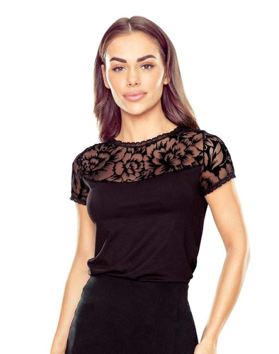 Elegancka bluzka damska Toshi Eldar czarna | Flockowy wzór, elastyczna wiskoza, krótki rękaw | Idealna na każdą okazję