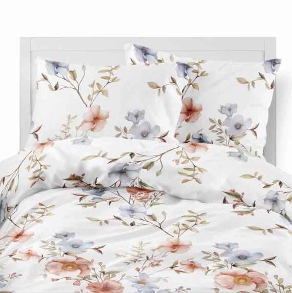 5635 A Pościel flanelowa Pastel Flowers Detexpol biała w kwiaty morelowe i niebieskie– ciepła, miękka i elegancka