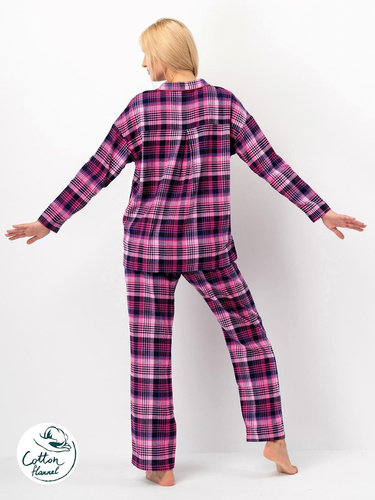 Piżama damska Key LNS 490  fuksjowy– bawełna flanelowa, długi rękaw, guziki