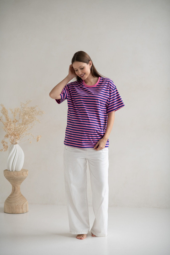 Mamahood T-shirt ciążowy i do karmienia Milk&Love różowo-niebieskie paski – wygodny i stylowy