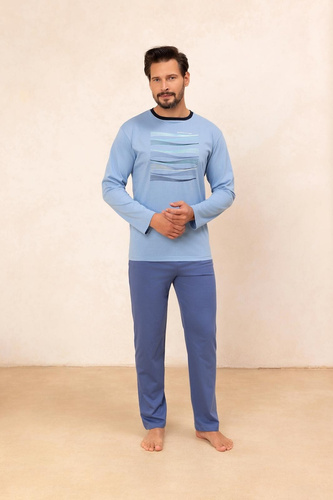 Regina 492 niebieska – męska piżama bawełniana z długim rękawem, klasyczny fason