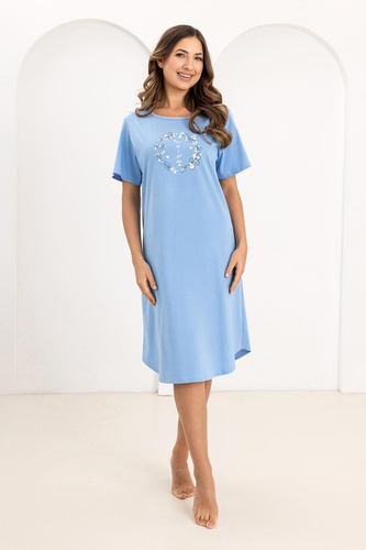 Koszula nocna Regina 176, bawełniana, krótki rękaw, półokrągły dekolt, nadruk- niebieska