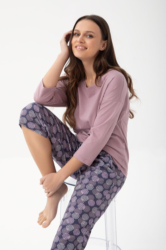 344 Piżama damska Luna kakaowy  – bawełna, rękaw 3/4, wygodna i oddychająca