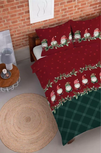 5618 B Magia Świąt Pościel flanelowa świąteczna Detexpol w skrzaty na bordowo-zielonym tle– bawełna 100%, 160 g/m², zamek, OEKO-TEX®