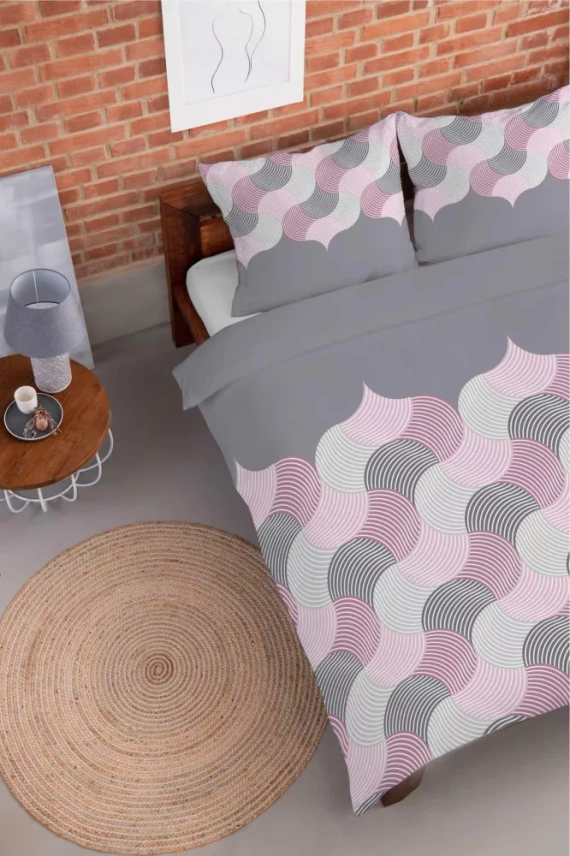 5631 B Pościel flanelowa Pastel Flowers Detexpol szaro-różowe fale geometryczne– ciepła, miękka i elegancka