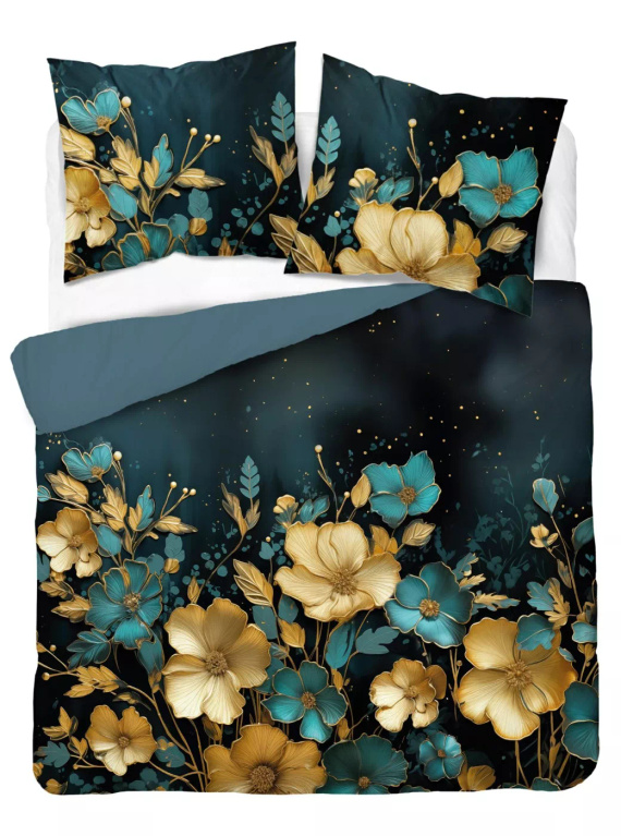 5118 A Pościel bawełniana Holland Detexpol ciemna w kwiaty złoto-turkusowe– 100% bawełna, dwustronna, polska produkcja