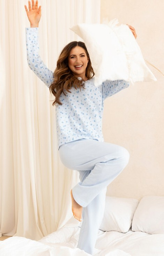 717 Piżama damska Regina niebieska – ciepła bawełna, długi rękaw, kwiaty