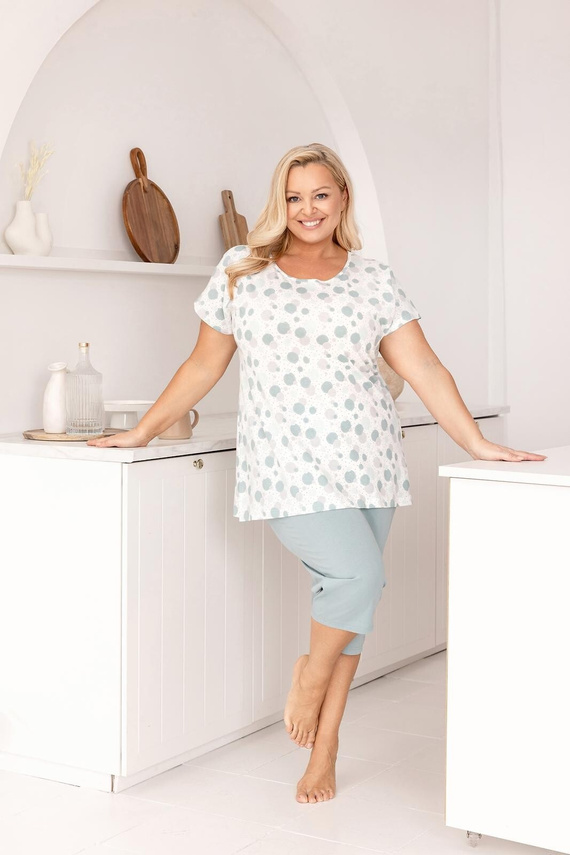 Piżama Damska Bawełniana Regina 730 zielony– Kolorowa Koszulka w Kółka, Krótki Rękaw, Spodnie 3/4, 100% Bawełna, Komfort Lata