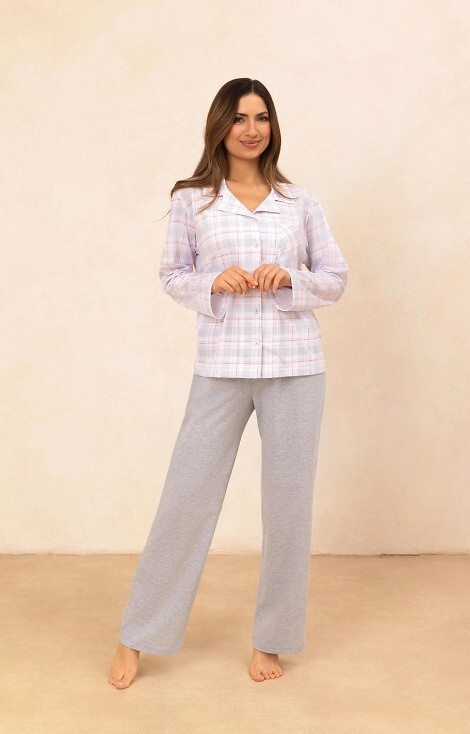 727 Piżama damska Regina szary – bawełna 100%, krata, koszula z guzikami