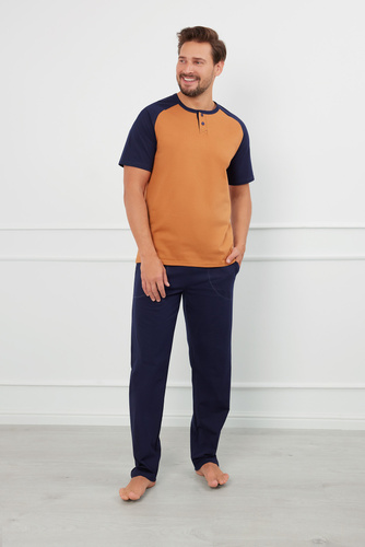 Aleksander Piżama Męska krótki rękaw, długie spodnie Italian Fashion - koniak/granat