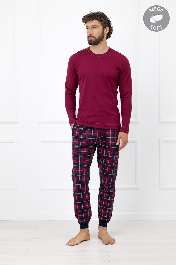 Italian Fashion Brajan Piżama męska Mega Soft długa spodnie w kratę-bordowy