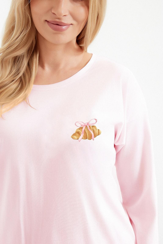 Piżama damska Taro Tori 3510 różowy– bawełniana, z nadrukiem croissanta, długa z nogawkami 7/8