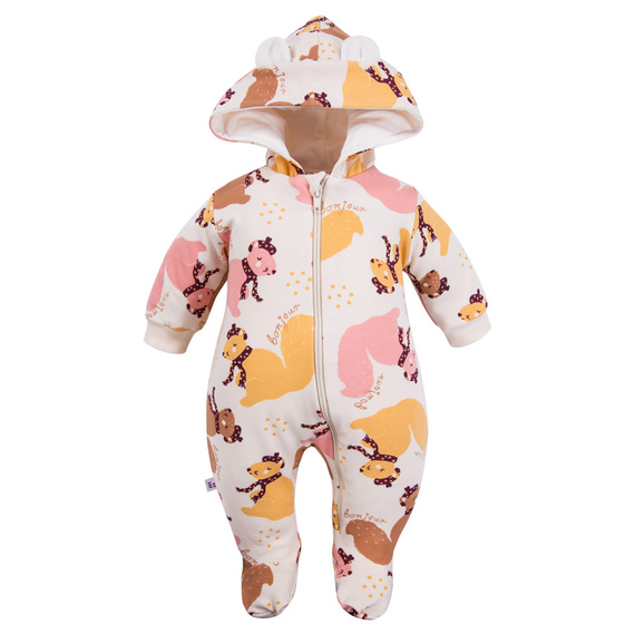 Fluffy Tails Kombinezon dziecięcy dresowy Eevi – ecru, ze stópkami i kapturem, jesienny nadruk