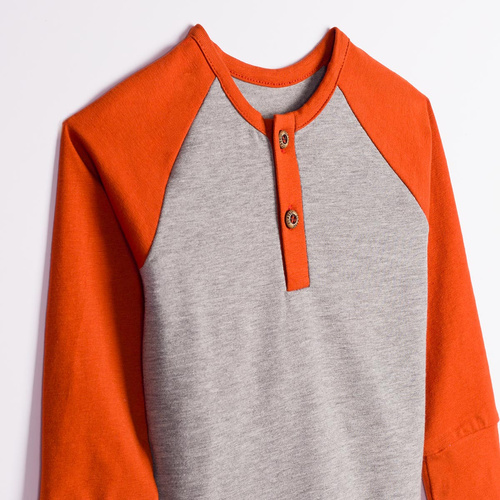 228138 Nicol FARMA Bluzka chłopięca Henley raglan szara ruda bawełna