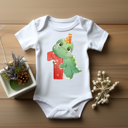 "ROCZEK dla chłopca, dinozaur jedynka" Body krótki rękaw Moocha biały