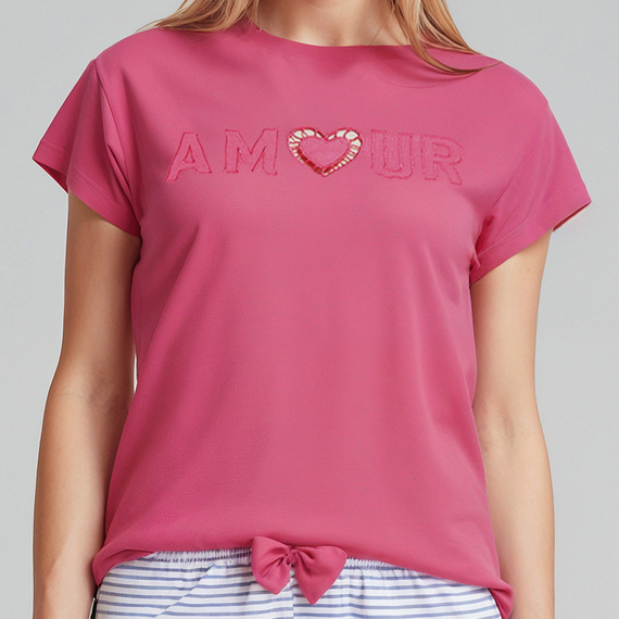 Juliana Sorbetto różowa – piżama damska 100% bawełna, z haftem i długimi spodniami w paski