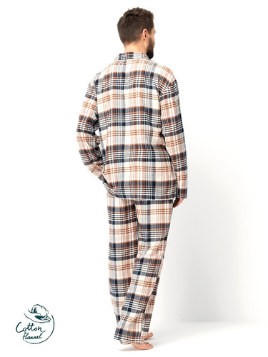 Piżama męska Key MNS 443 brązowa – flanela bawełniana, długi rękaw, zapinana na guziki