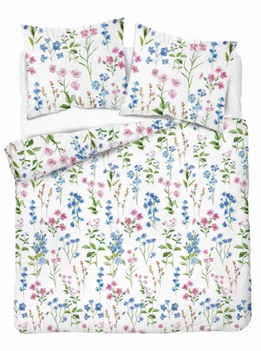 5634 A Pościel flanelowa Pastel Flowers Detexpol biała w polne kwiaty niebiesko-różowe– ciepła, miękka i elegancka