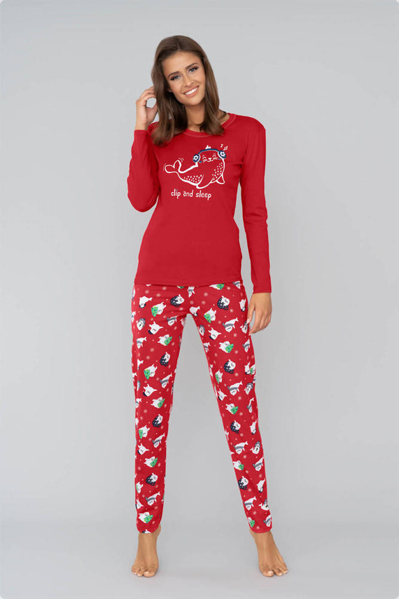 Kasjana Piżama Damska długi rękaw i spodnie talian Fashion- czerwony/druk czerwony 