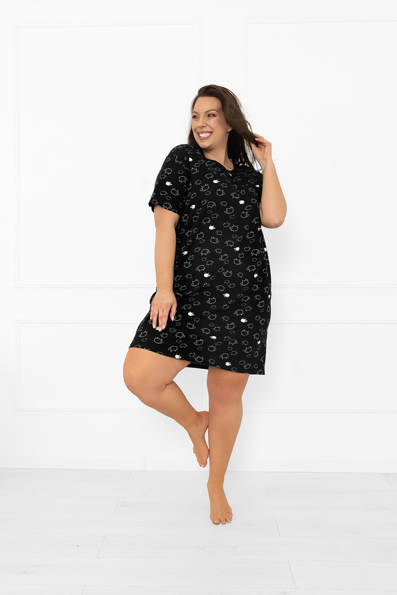 Koszula nocna damska Bonnie – bawełna MEGA SOFT, czarna w owieczki Italian Fashion