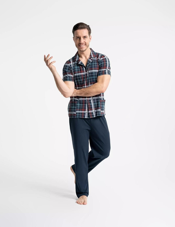 Piżama męska Moraj PDM6200-003 granatowa rozpinana bawełniana z kieszeniami