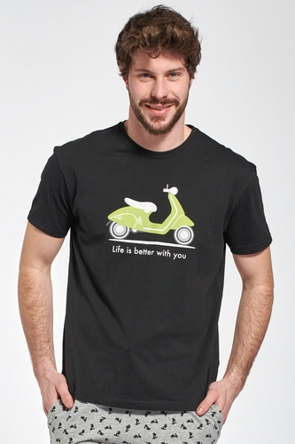 Kenny Piżama męska krótka Sorbetto  – bawełniana z nadrukiem skutera, czarna