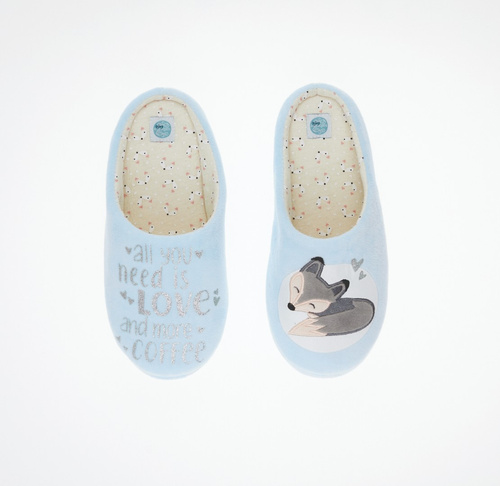 Fixy Sorbetto niebieskie – ciepłe kapcie damskie z antypoślizgową podeszwą i nadrukiem