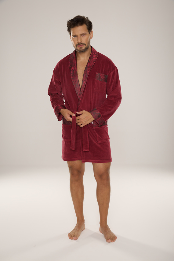 866 Noble Szlafrok męski welurowy De Lafense – krótki, elegancki, bawełna - burgund