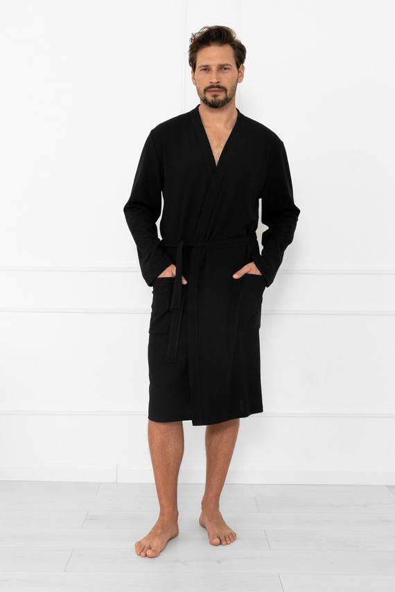 Bono szlafrok męski Italian Fashion czarny – z paskiem, tłoczony wzór, elegancki i wygodny