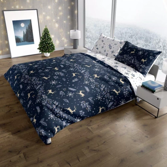 Scandic 068 Pościel świąteczna Scandic Faro biała granatowa renifery– dwustronna bawełna 100%, zamek