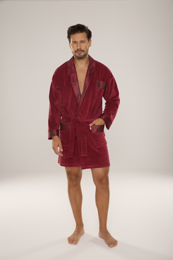 866 Noble Szlafrok męski welurowy De Lafense – krótki, elegancki, bawełna - burgund