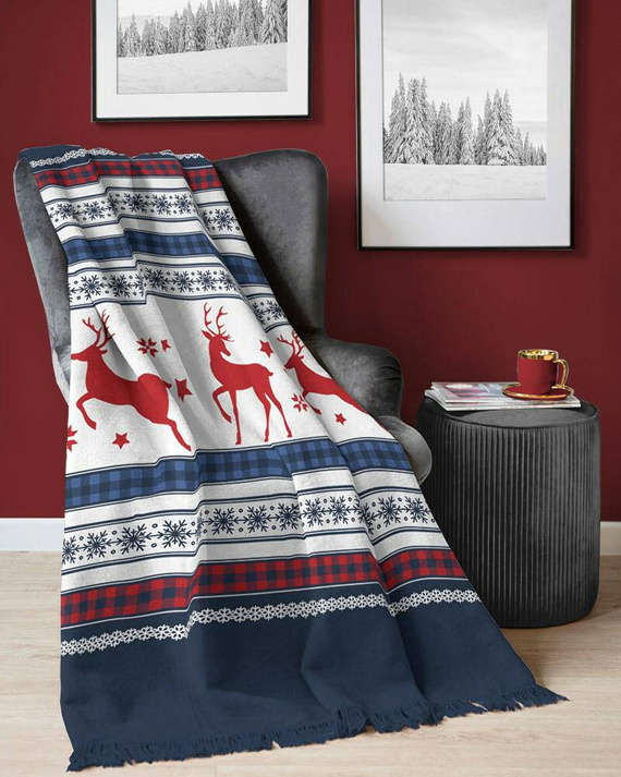 100 JB Koc świąteczny z frędzlami renifery Detexpol granatowy/czerwony