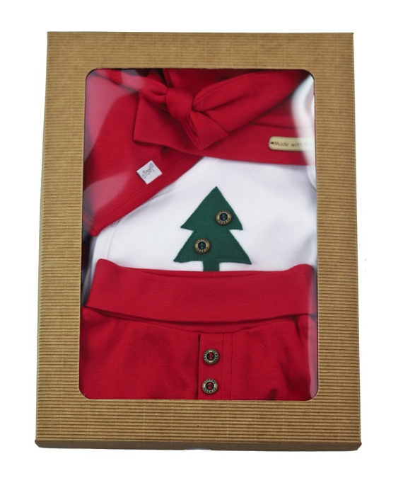 163050 Komplet czapka, body, apaszka i spodnie "Magia Świąt" Nicol - bordo / choinka