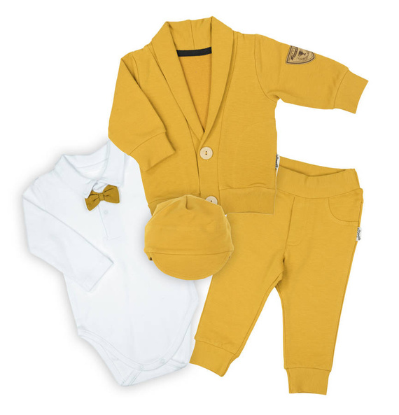 169405 Komplet czapka, bluza, body i spodnie "Mix" Nicol - musztardowy