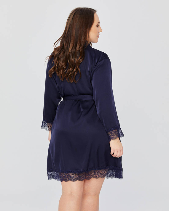 Szlafrok satynowy z koronką plus size Mona navy blue