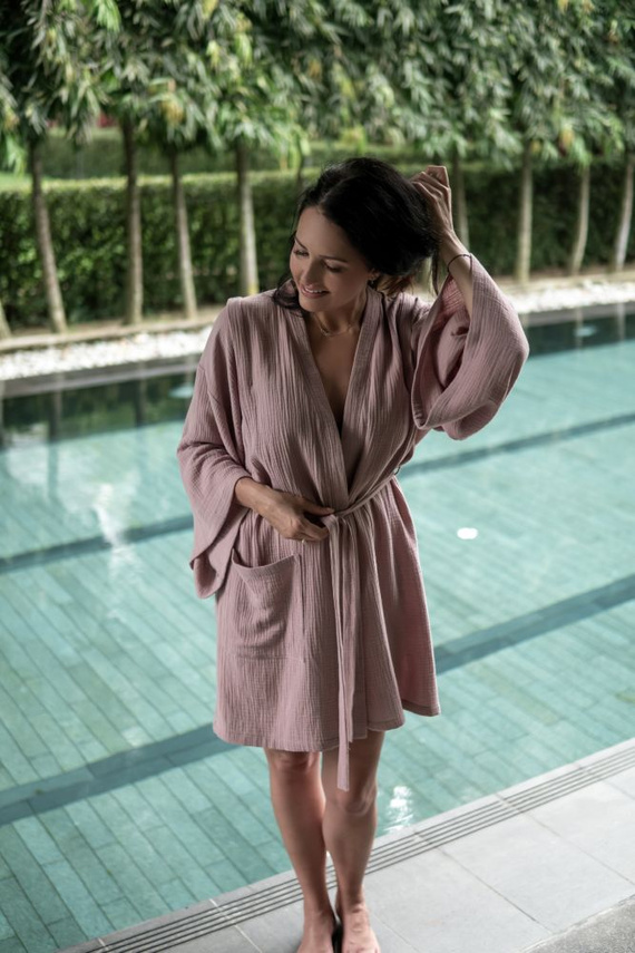 Sepia Rose Kimono muślinowe szlafrok Makaszka | 100% bawełna, lekki i przewiewny