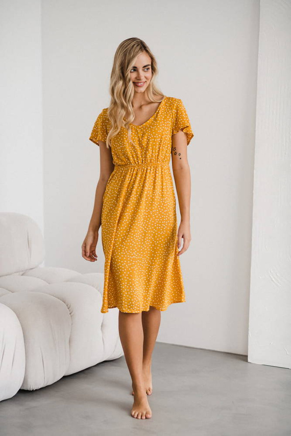 Lovely Dress Midi sukienka ciążowa i do karmienia krótki rękaw Milk&Love musztardowy w groszki