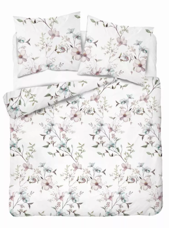 5635 B Pościel flanelowa Pastel Flowers Detexpol biała w kwiaty pudrowe i błękitne– ciepła, miękka i elegancka